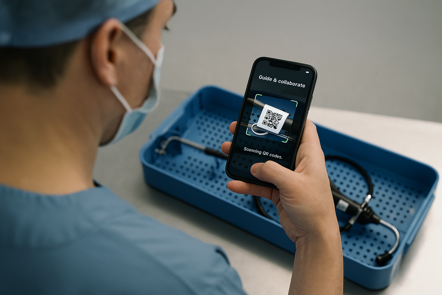 Show a medical professional using the mobile phone to scan a medical instrument like a scope and tray from over the persons shoulder On the phone show it scanning the code and on the image show Guide and collaborate-1 Show a medical professional using the mobile phone to scan a medical instrument like a scope and tray from over the persons shoulder On the phone show it scanning the code and on the image show Guide and collaborate-1