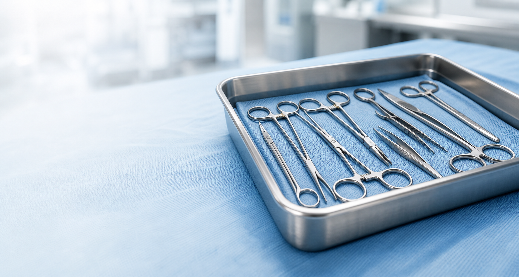 Stainless surgical tray with hemostats, needle holders, forceps, surgical scissors, and clamps on sterile blue wrap.