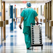 A surgical implant representative arriving at the hospital in scrubs only to deliver metal surgical implant procedure trays which are arranged on a reps personal collapsible cart for easy transport in and out of hospital As they navigate through the